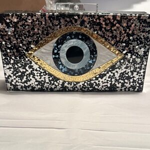 Evil Eye Sequin Clutch in Black, White & Gold